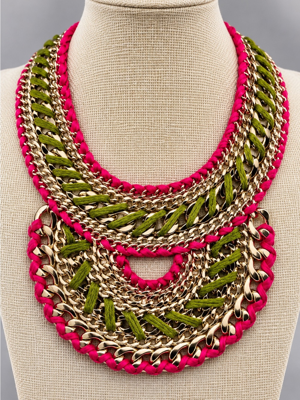 545. Gold Statement Bib Necklace Pink Green Woven Chain Boho Maximalist